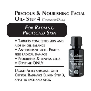 Precious and Nourishing Facial Oil Oilier - for radiant, protected skin, targets congested skin and aids in oil balance; antioxidant rich to fight free radical damage; nourishes and renews cells; for daytime use only