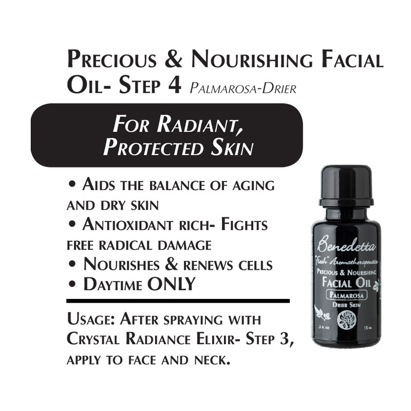 Precious and Nourishing Facial Oil Drier - for radiant, protected skin - aids the balance of aging and dry skin; antioxidant rich to fight free radical damage; nourishes and renews cells; for daytime use only