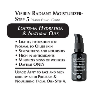 Visibly Radiant Moisturizer Oilier - locks in hydration and natural oils - lighter hydration for normal to oiler skin; strengthens and nourishes; high in antioxidants; minimizes signs of wrinkles; for daytime use only