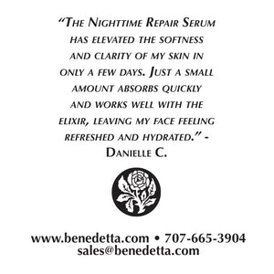 The Nighttime Serum has elevated the softness and clarity of my skin in only a few days. Just a small amount absorbs quickly and works well with the elixir, leaving my face feeling refreshed and hydrated! from Danielle C.